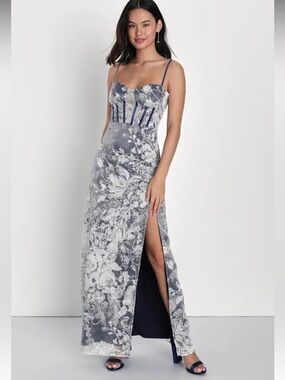 Lulus Navy & White Classical Charisma Floral Bustier Front Slit Maxi Dress NWT M